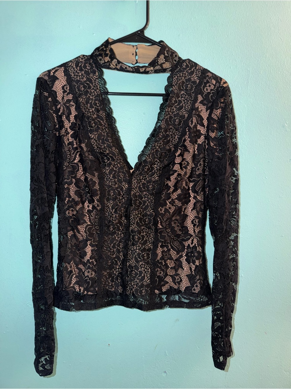Black Lace Long Sleeve V-Neck Top